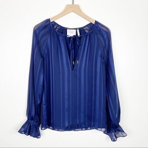L'Academie Blue Satin Shadow Stripe Tie Neck Long Ruffle Sleeve Blouse EUC XS